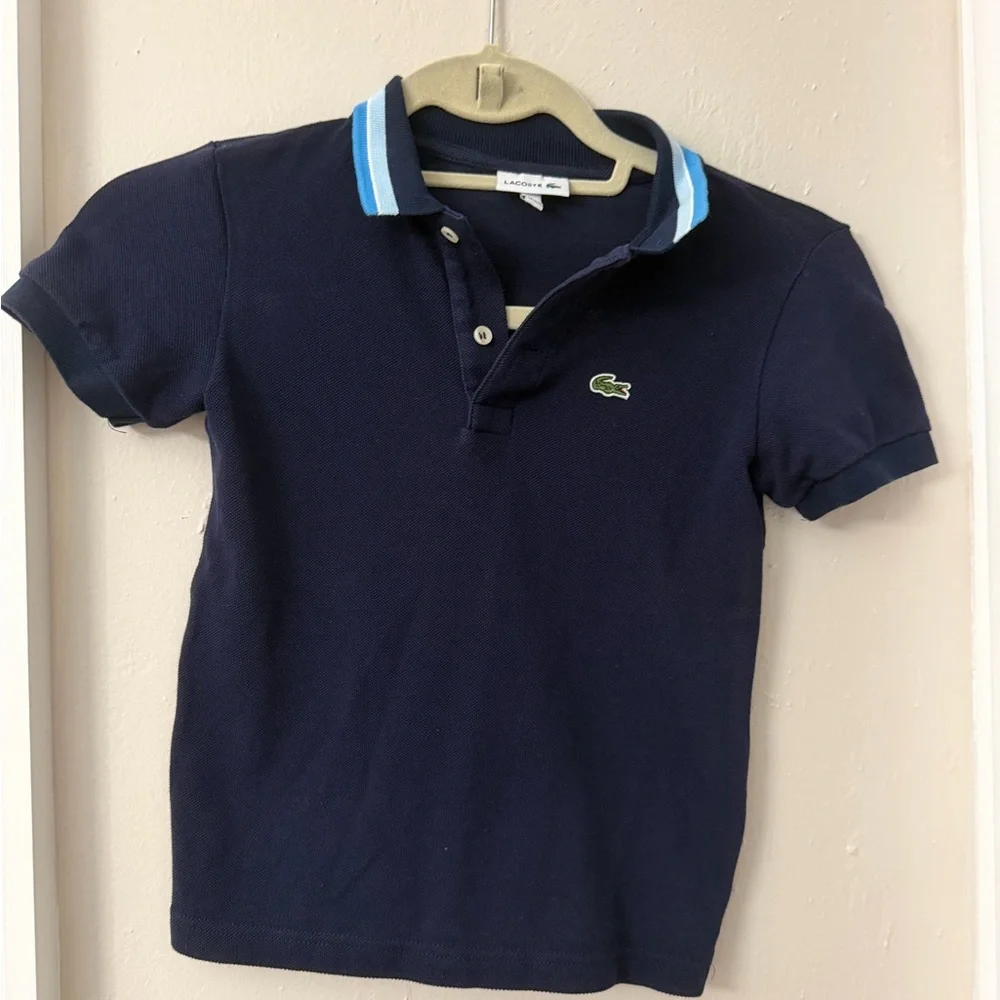 Lacoste girls/ boys Navy Polo Top with Light Blue Trim